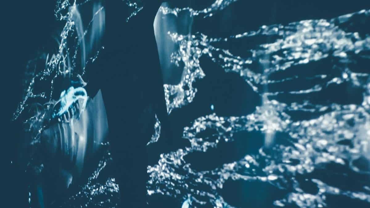 Creative abstract water splash with light effects viewed from above.