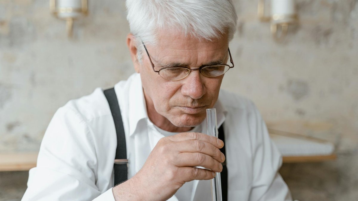 Elderly man analyzing scent from a test tube, focused on fragrance.