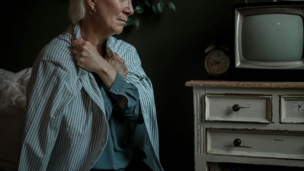 Senior woman sits by old TV, reflecting. Emotive indoor scene.