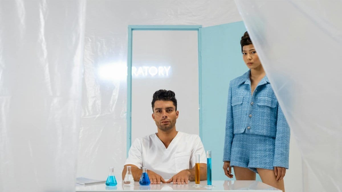 Researchers in a modern lab setting with flasks and beakers, showcasing scientific exploration.