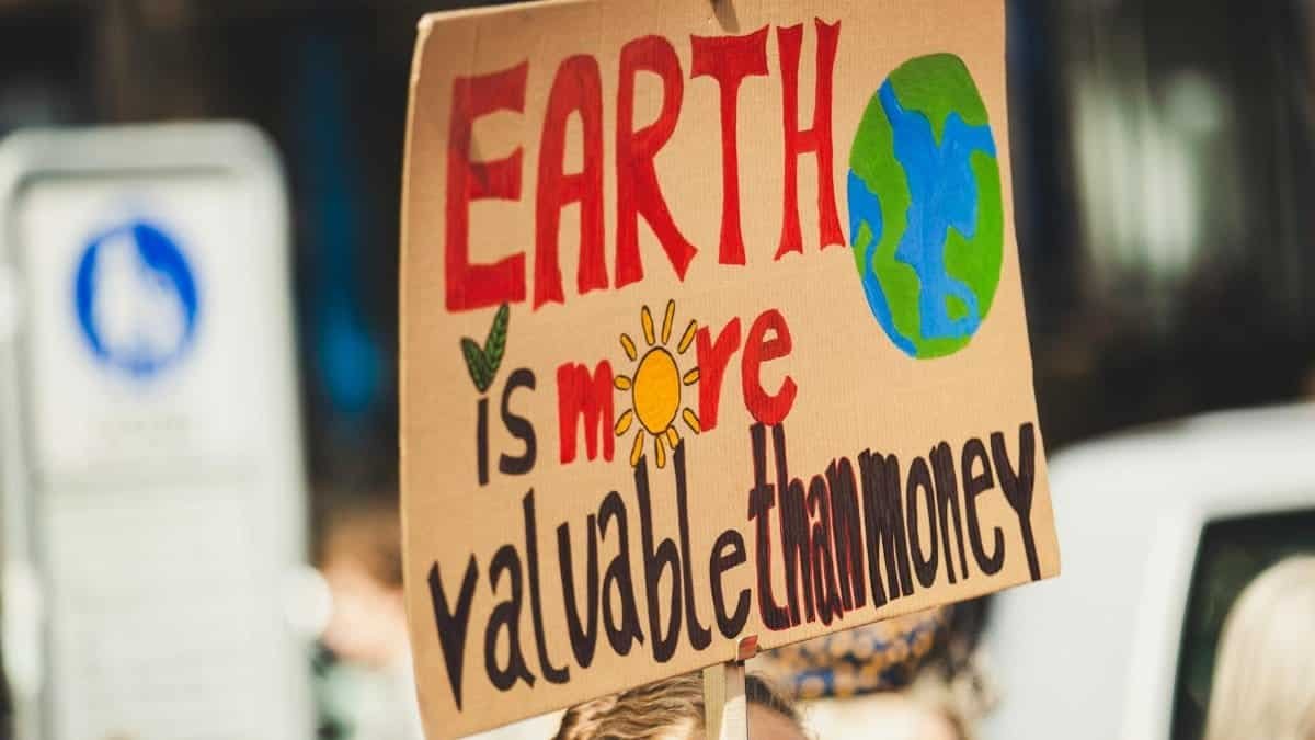 Sign reading 'Earth is more valuable than money' at a climate protest outdoors.