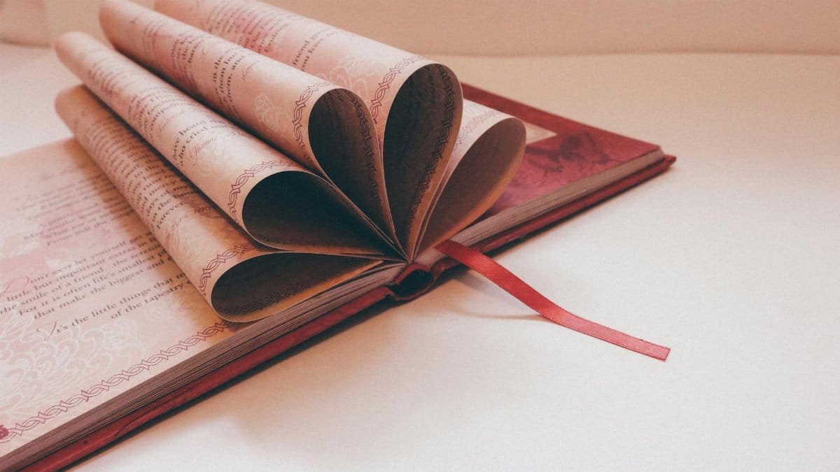 Open book with pages folded into heart shape with red bookmark. Romantic and literature theme.