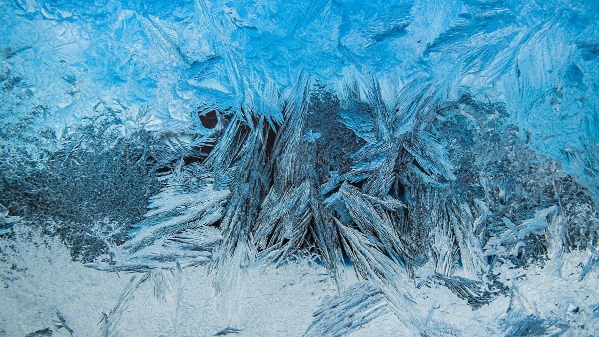 Close-up shot of delicate frost textures on a cold winter window, creating an abstract icy pattern.