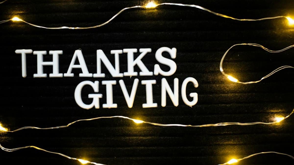 Festive Thanksgiving message illuminated by warm string lights on a dark background.