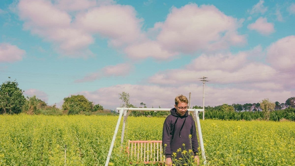A man in a hoodie stands by a swing amidst a vibrant mustard field.