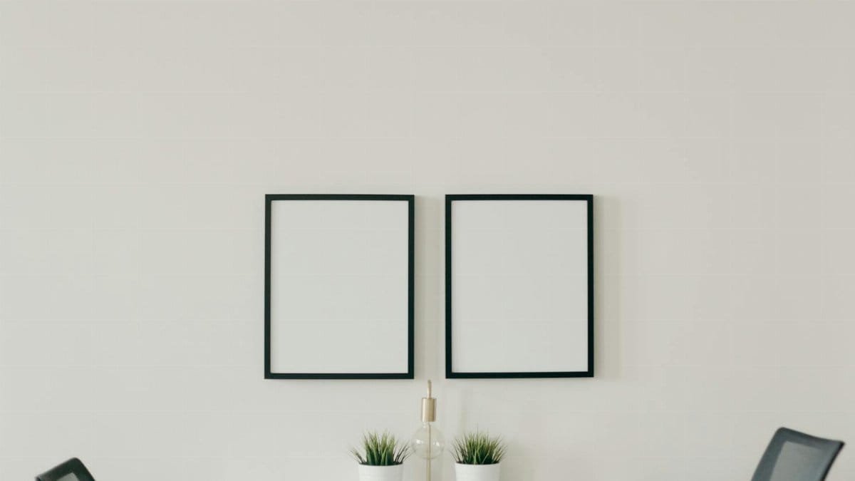 Elegant minimalist home office with white desk, black chairs, and decorative plants, emphasizing simplicity.