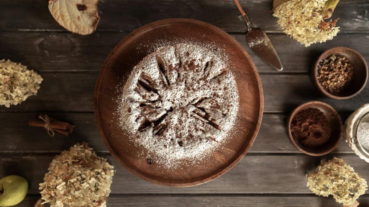 Overhead view of a cake dusted with powdered sugar surrounded by natural elements.