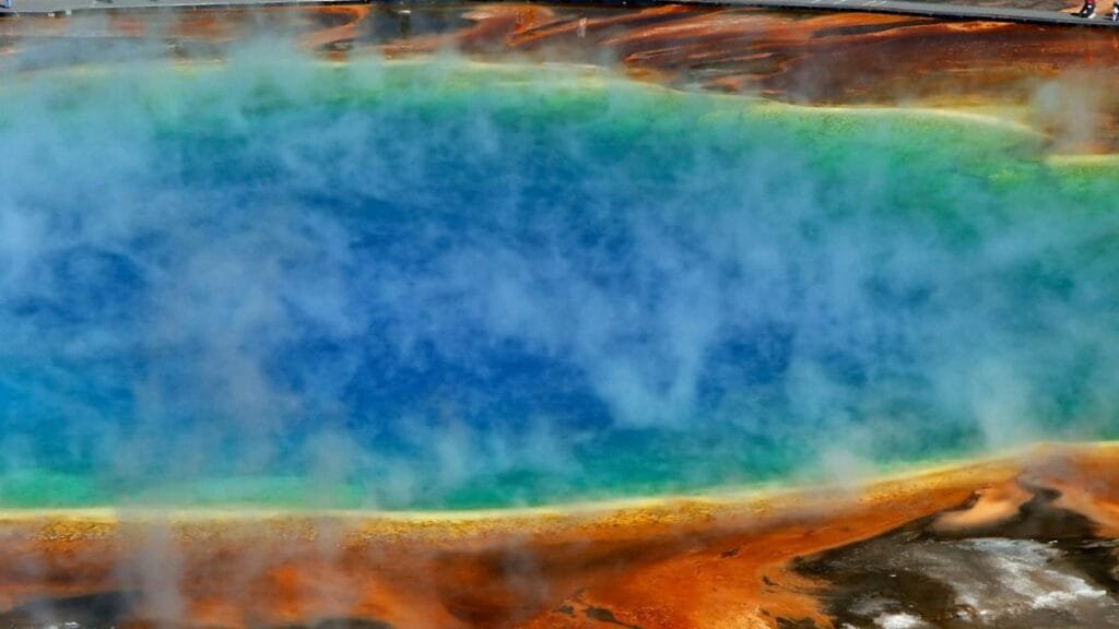 Vibrant aerial shot of Grand Prismatic Spring in Yellowstone National Park.