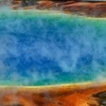 Vibrant aerial shot of Grand Prismatic Spring in Yellowstone National Park.