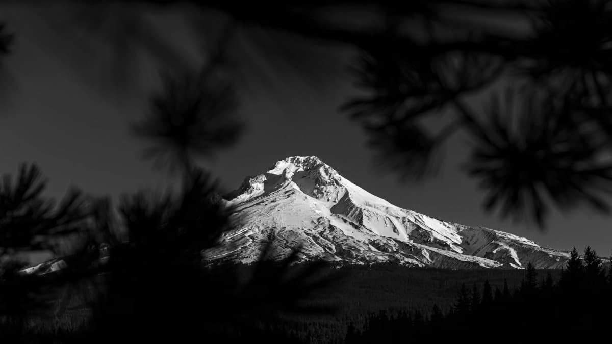 Captivating black and white view of snow-covered Mount Hood in Oregon.