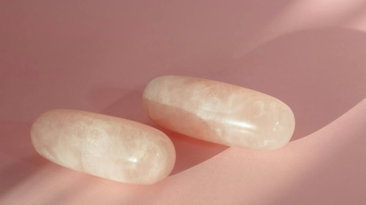 Close-up of elegant rose quartz stones on a soft pink surface with gentle shadows.