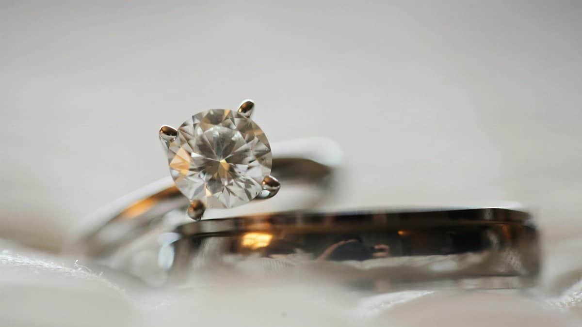 Elegant macro shot of a diamond engagement ring set with a blurred background.
