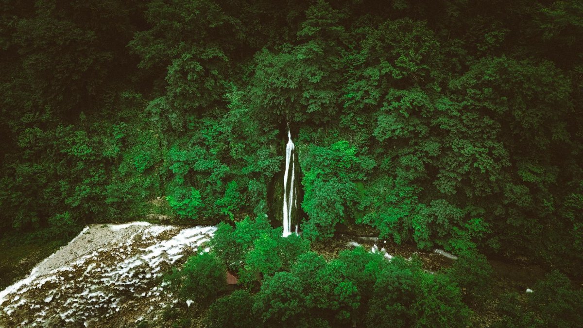 A stunning aerial capture of a waterfall nestled in dense greenery, showcasing the serene beauty of Georgia's natural landscape.