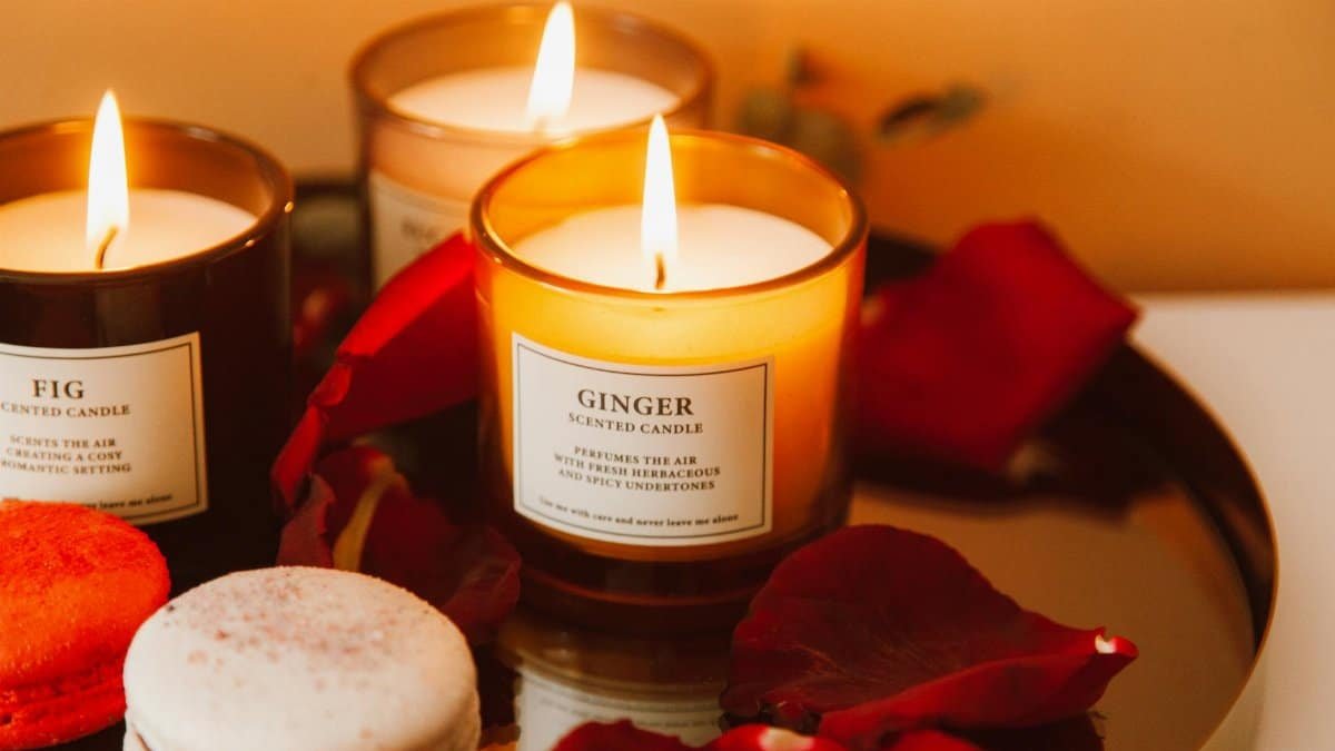 Warm and cozy setup with scented candles and rose petals for a romantic ambiance.