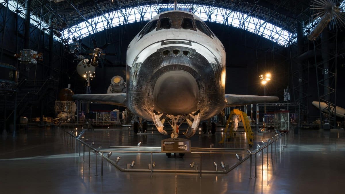 Front view of a space shuttle housed in the Smithsonian National Air and Space Museum, Washington DC.