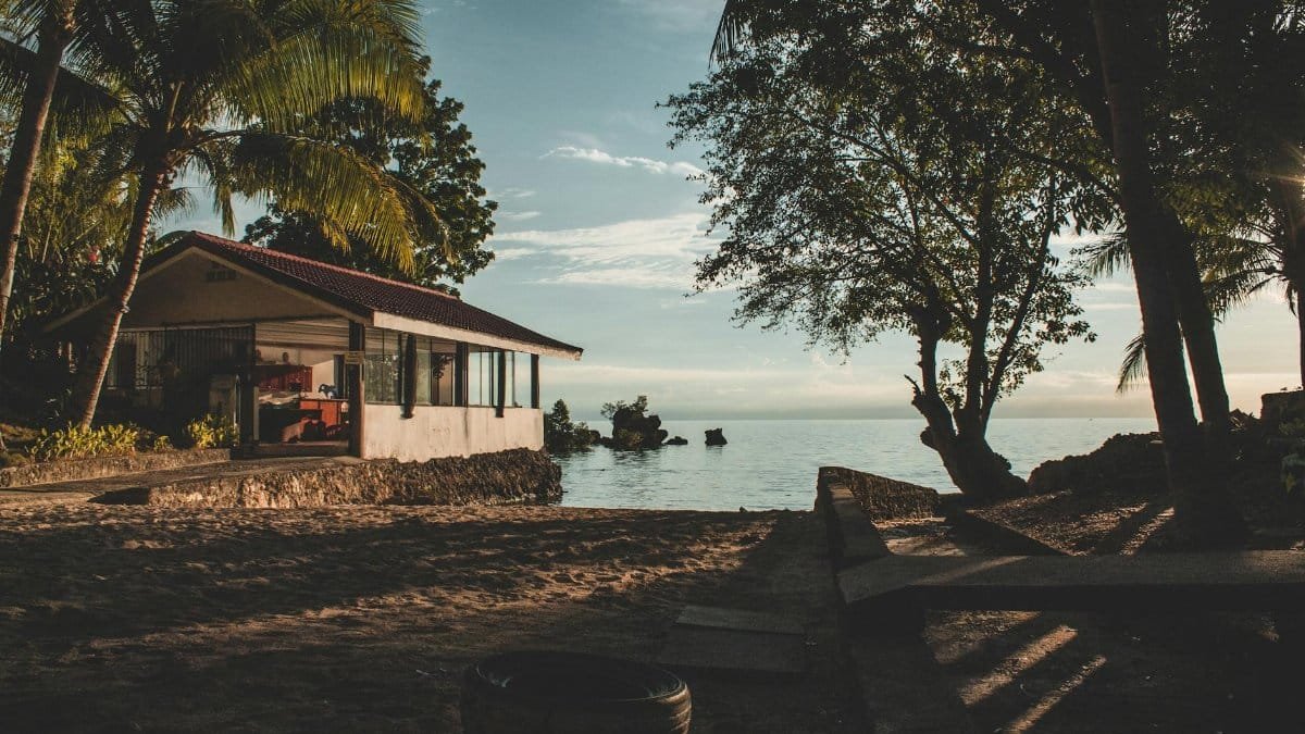 Tranquil beach house overlooking ocean with scenic sunset and lush trees, perfect for a serene getaway.