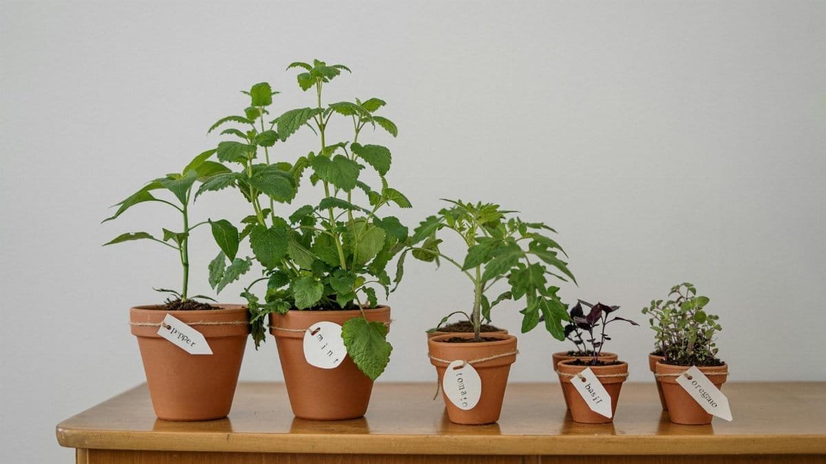Five potted herbs including oregano and basil on a wooden table indoors.