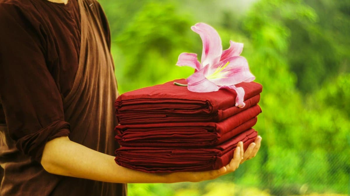 A buddhist monk holds folded kathina robes adorned with a pink lily, outdoors in summer.