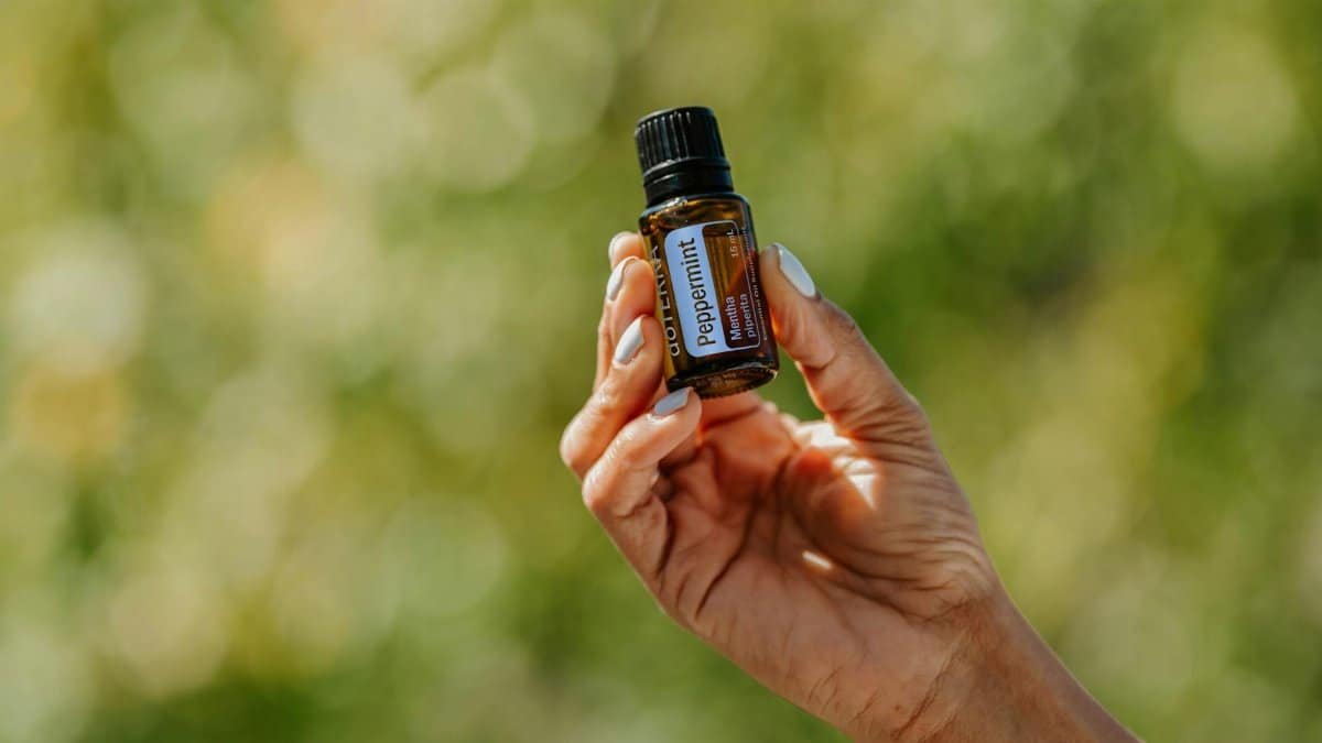Close-up of a hand holding peppermint essential oil with a blurred natural background.