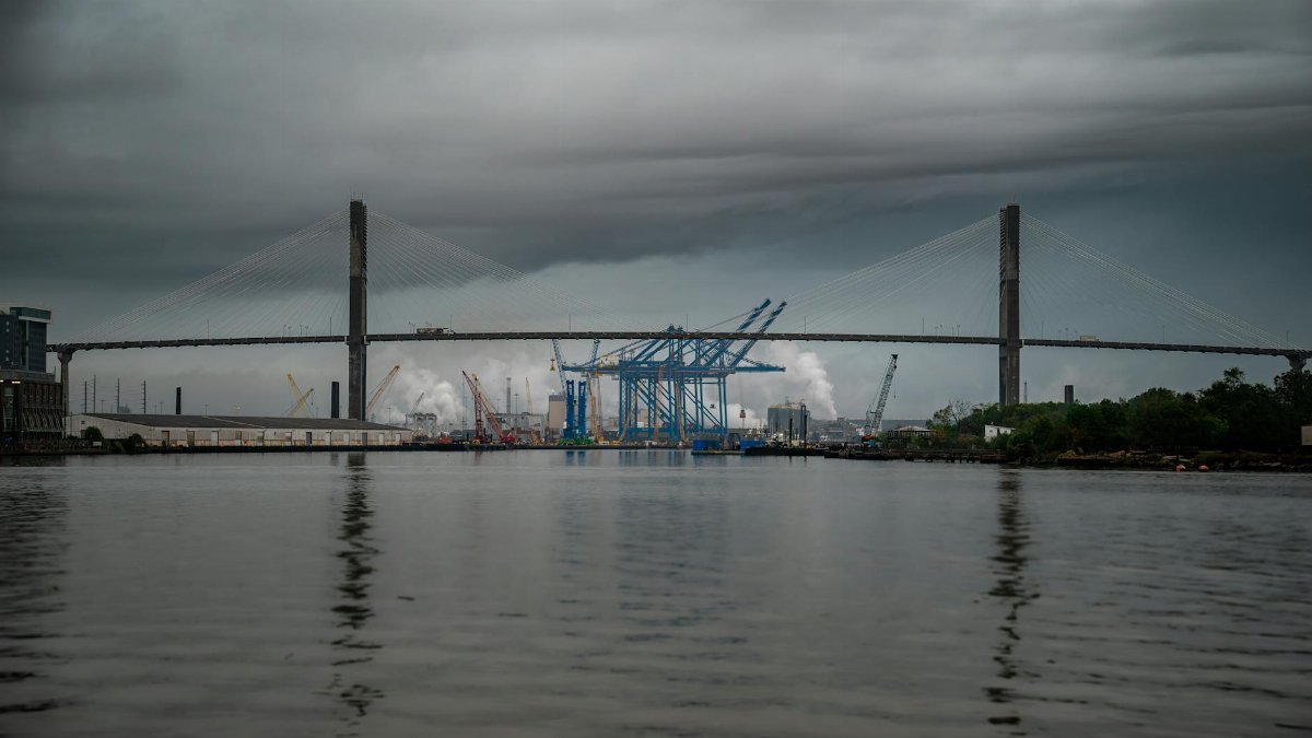Cloudy day view of Talmadge Memorial Bridge over Savannah River in Georgia, USA.
