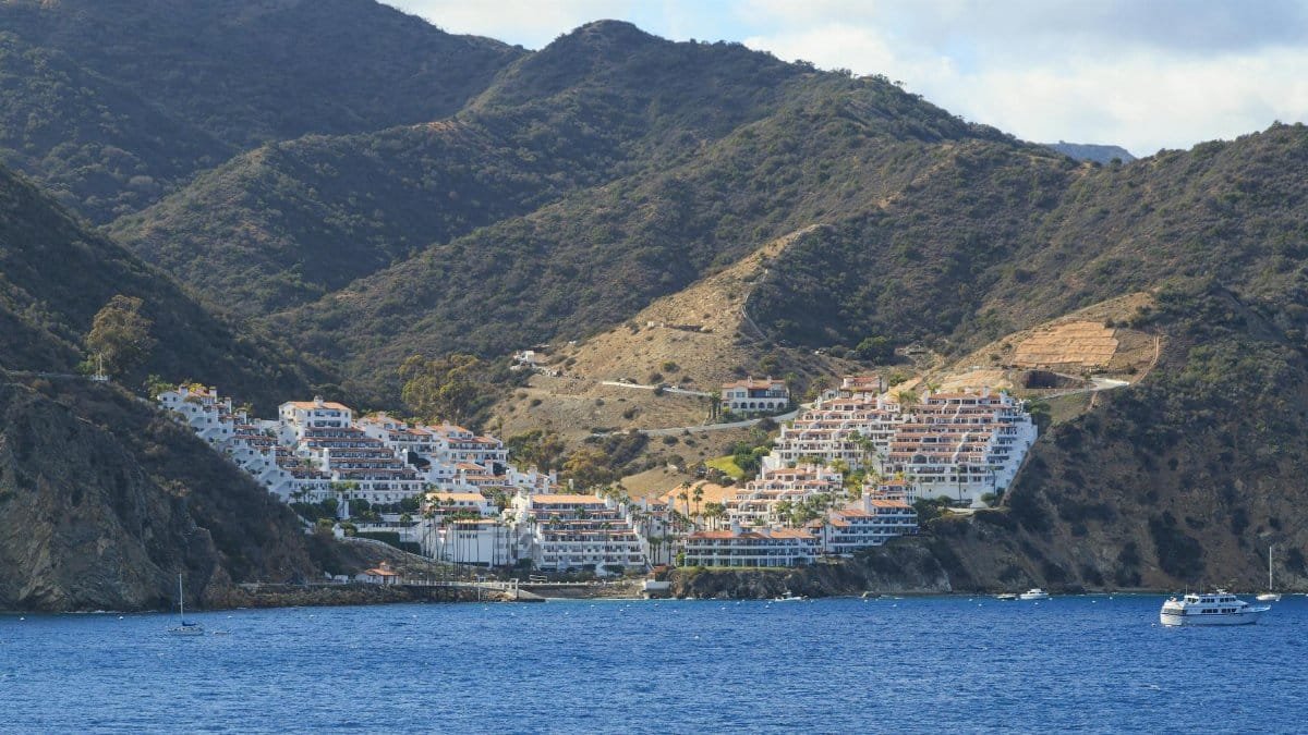 A stunning view of the coastal resort nestled in the hills of Catalina Island, California.