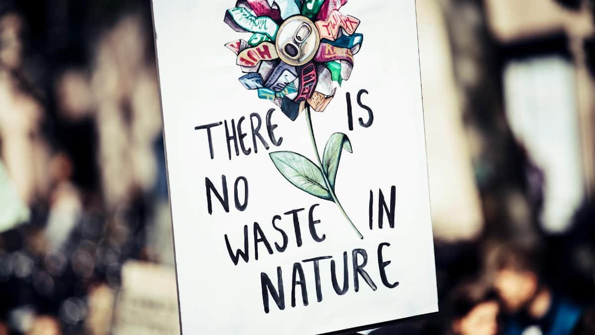 Protest sign featuring a flower made from recycled materials promoting environmental conservation.