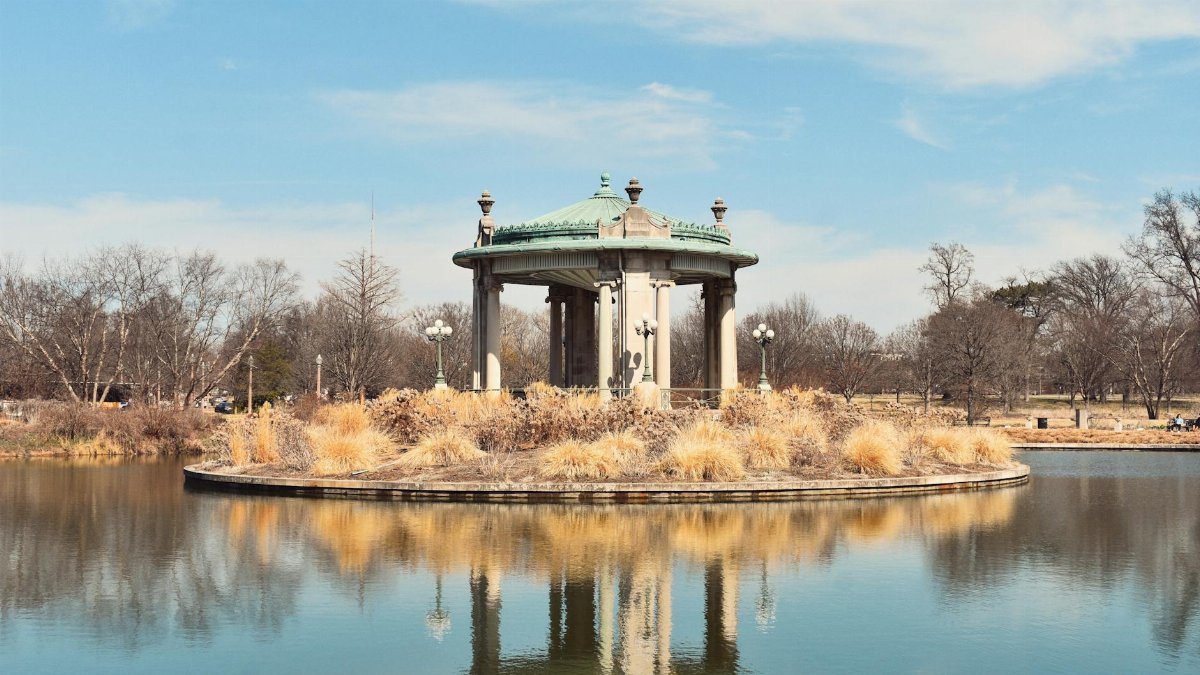 Nathan Frank Bandstand reflected in Pagoda Lake at Forest Park, St. Louis, MO.