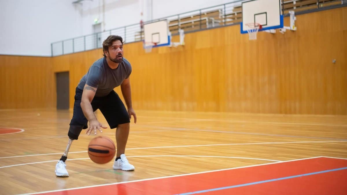 Inspirational moment of a disabled man with prosthetic leg playing basketball indoors.