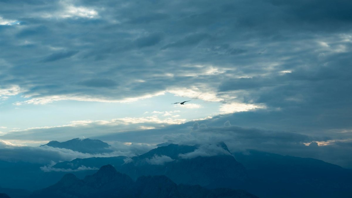 Majestic mountain view with a solitary bird soaring under cloudy skies.