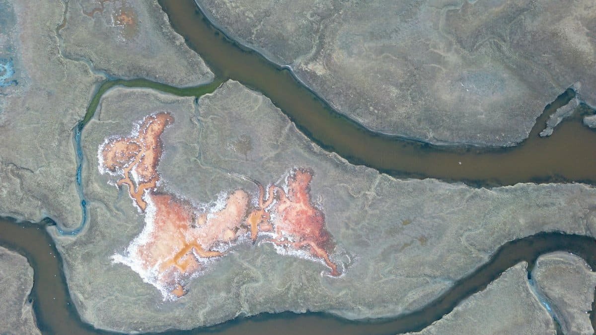 Stunning aerial shot of salt ponds creating abstract, colorful patterns in a natural landscape.