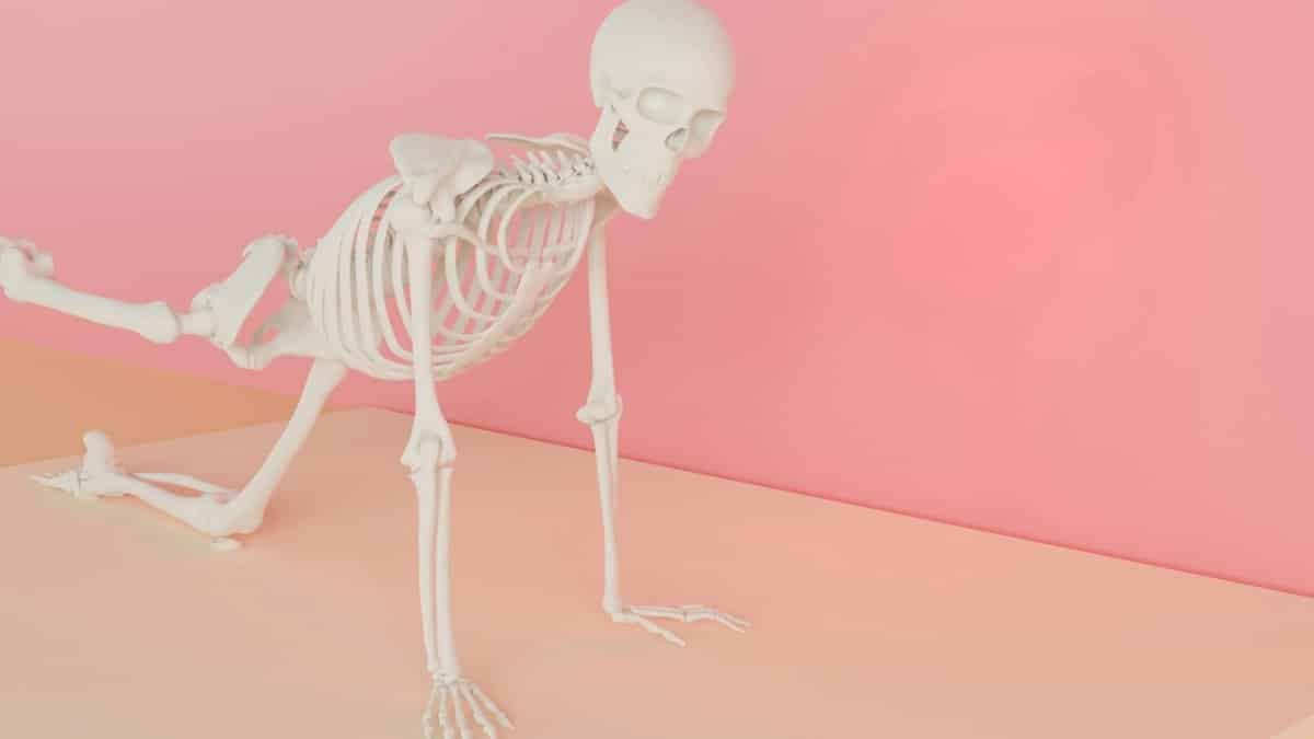 A human skeleton model striking a yoga pose on a pastel pink backdrop in a studio.