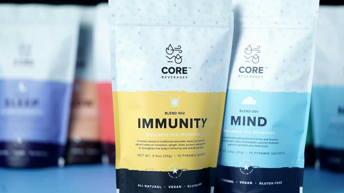 Vibrant packaging of wellness tea blends highlighted with focus on immunity and mind infusions.