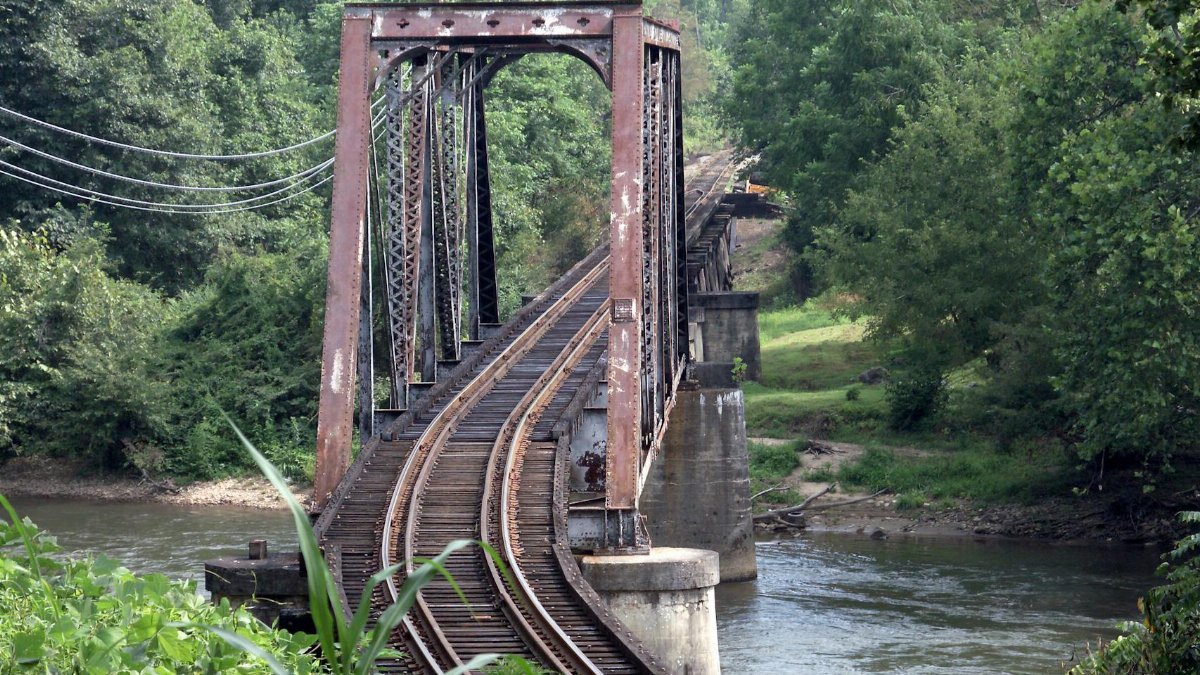 A vintage iron railroad bridge spans a serene river amidst lush greenery in West Virginia.