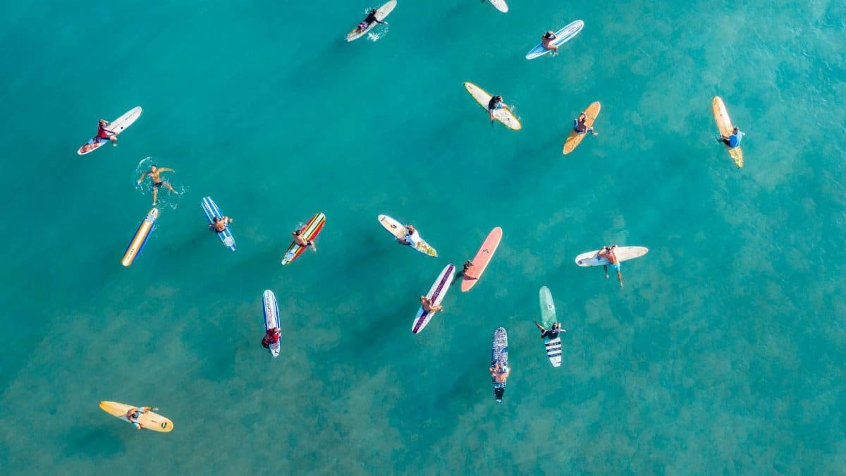 Aerial photograph of surfers paddling in the vibrant blue ocean off the coast of Hawaii.