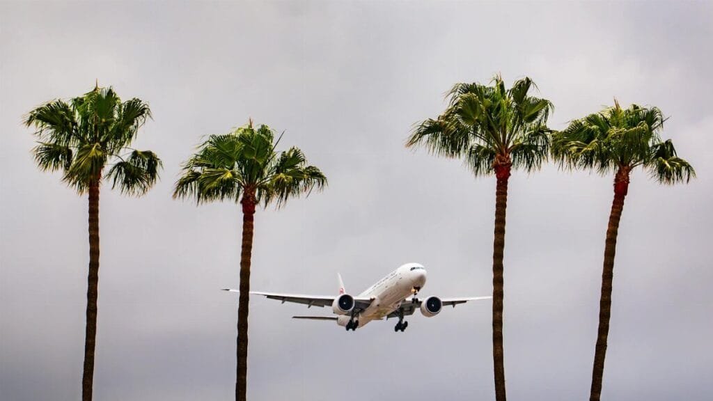Airplane landing at Los Angeles International Airport surrounded by palm trees under cloudy skies.