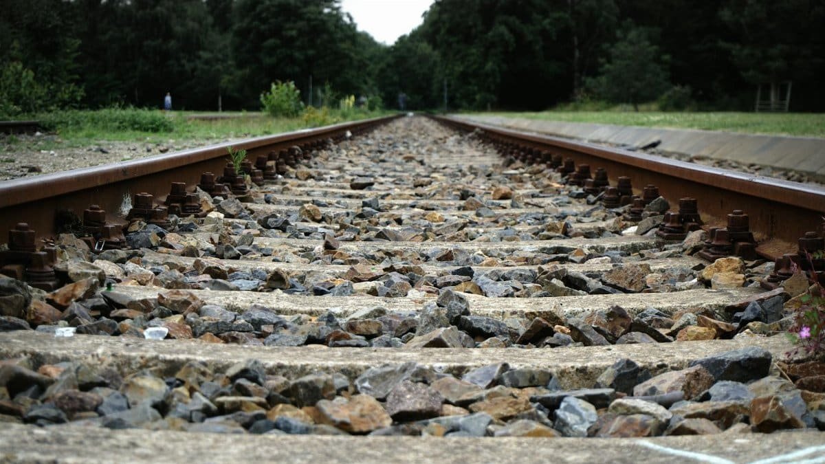 A low-angle shot of railway tracks with gravel in a lush outdoor setting.