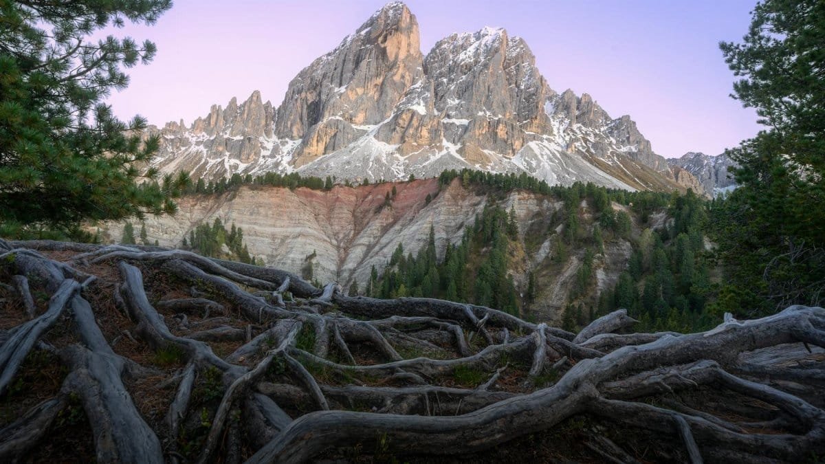 Explore the stunning Dolomites in Veneto with rugged roots and snow-capped peaks at dusk.