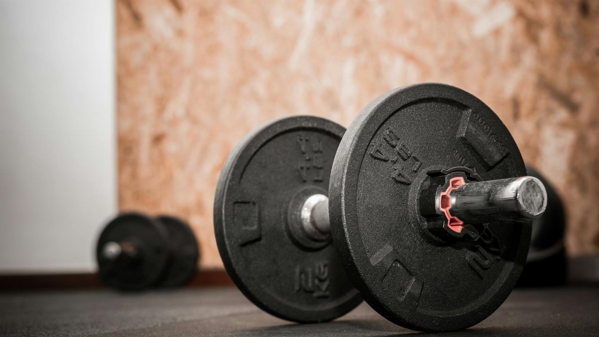 Rustic gym scene showing close-up of dumbbells for weight training.