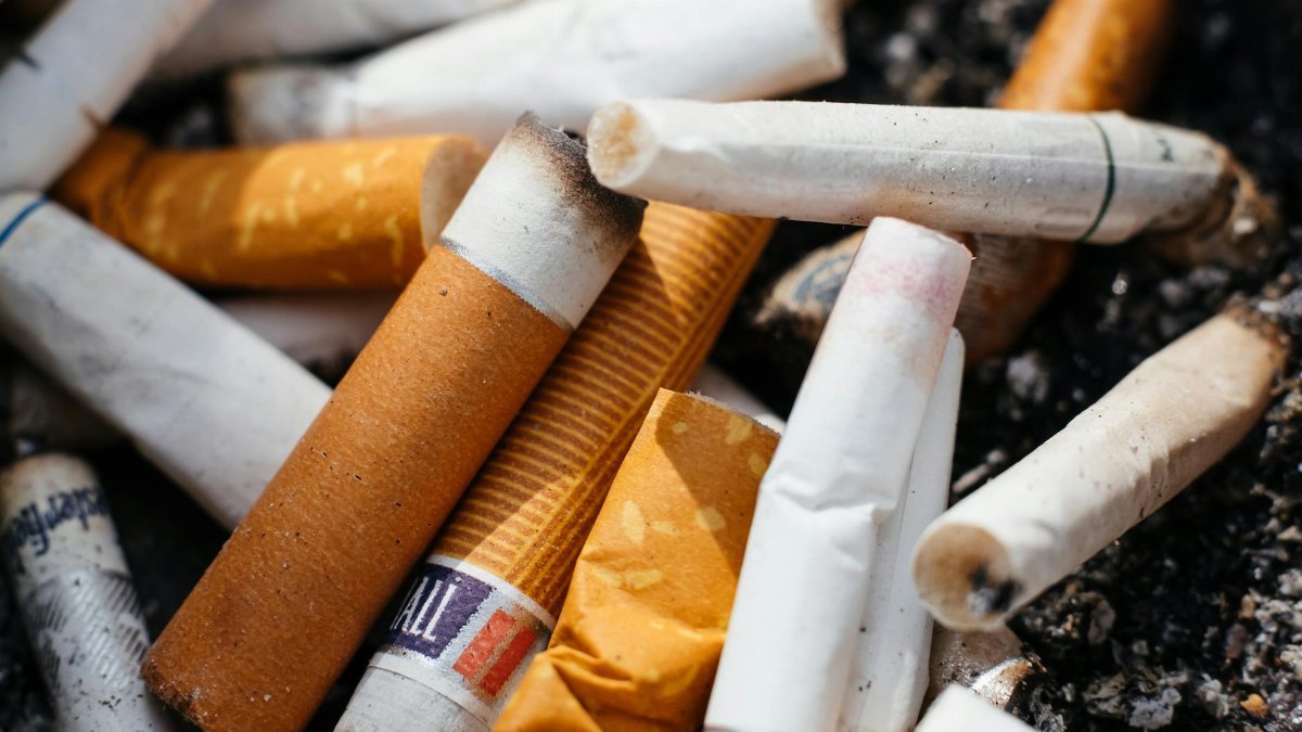 Cigarette butts in an ashtray emphasize the environmental impact of smoking.