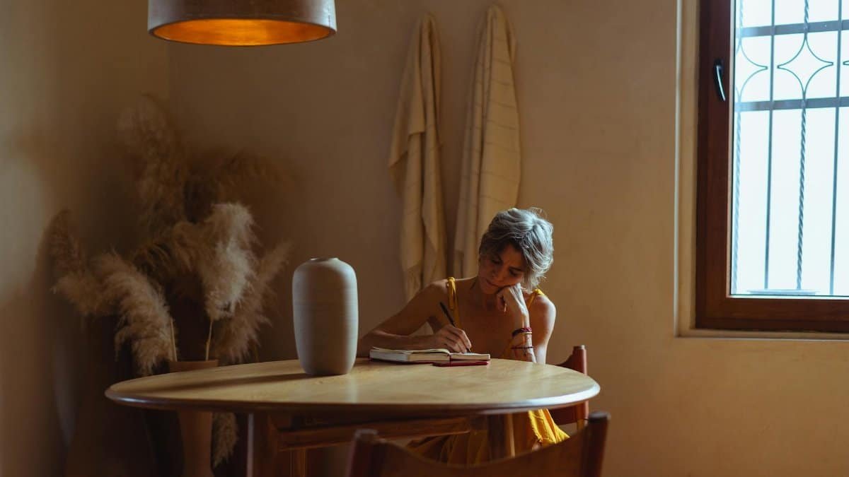 A senior woman enjoys journaling at a table in a warm, cozy home setting.