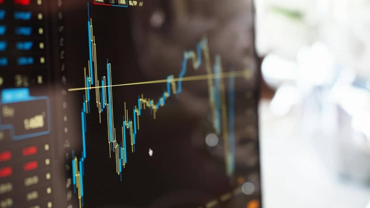 Detailed view of financial trading graphs on a monitor, illustrating stock market trends.