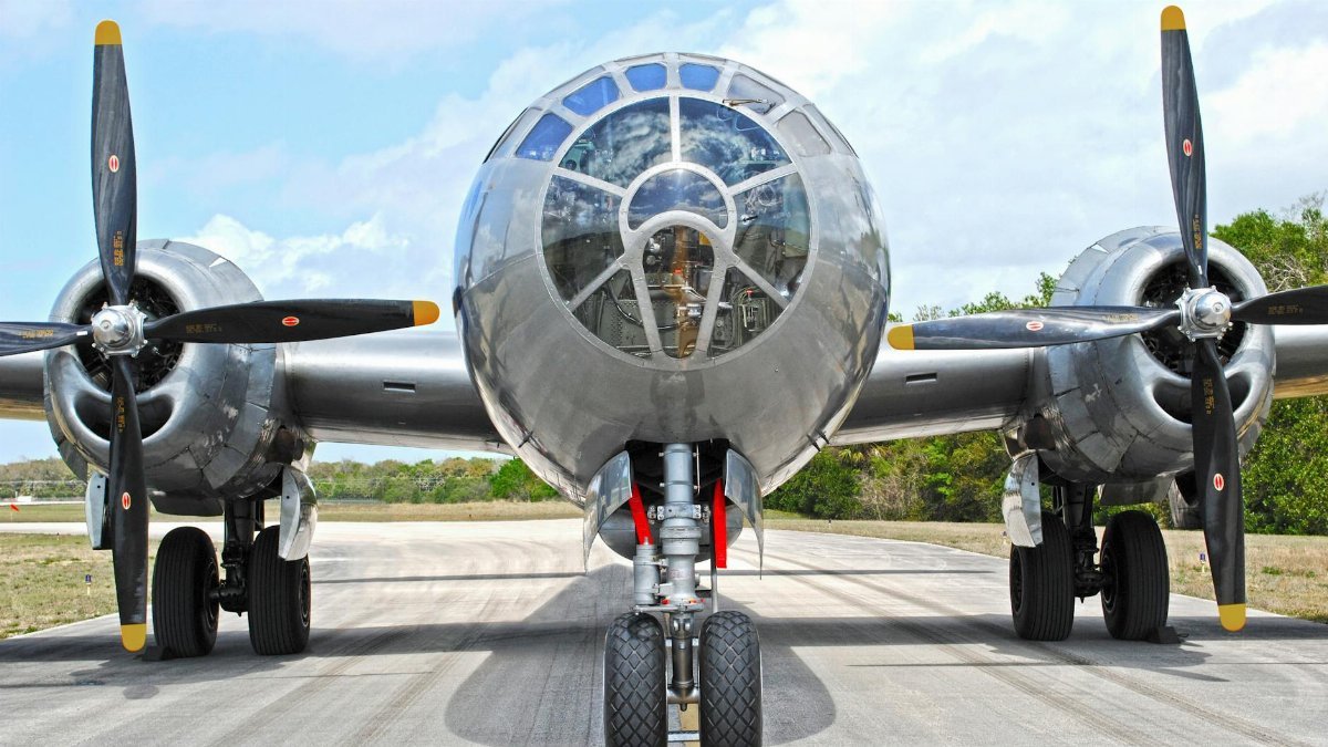 A B-29 Superfortress sits on a taxiway.