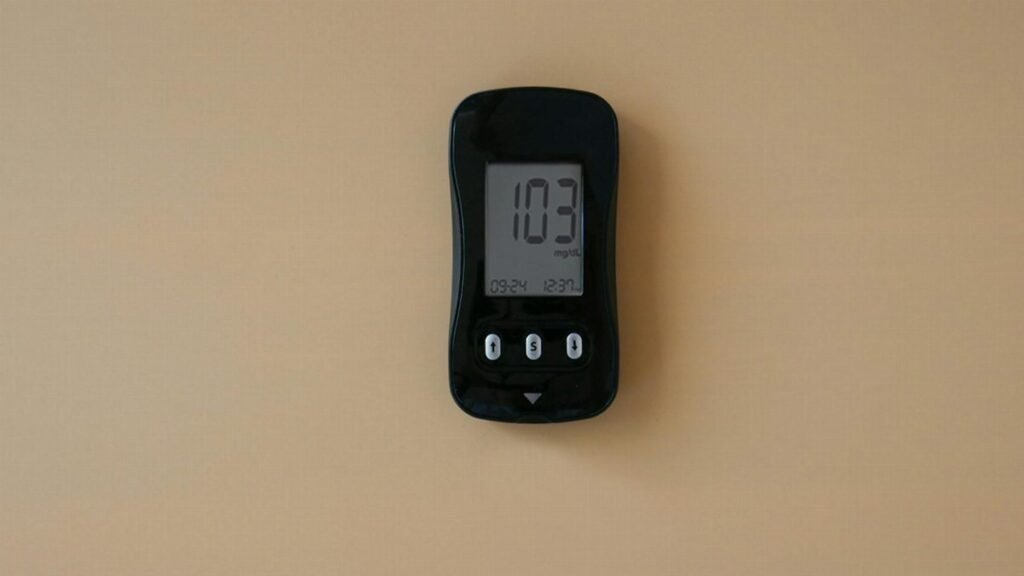 Close-up of a blood glucose meter displaying 103 mg/dL on beige surface.