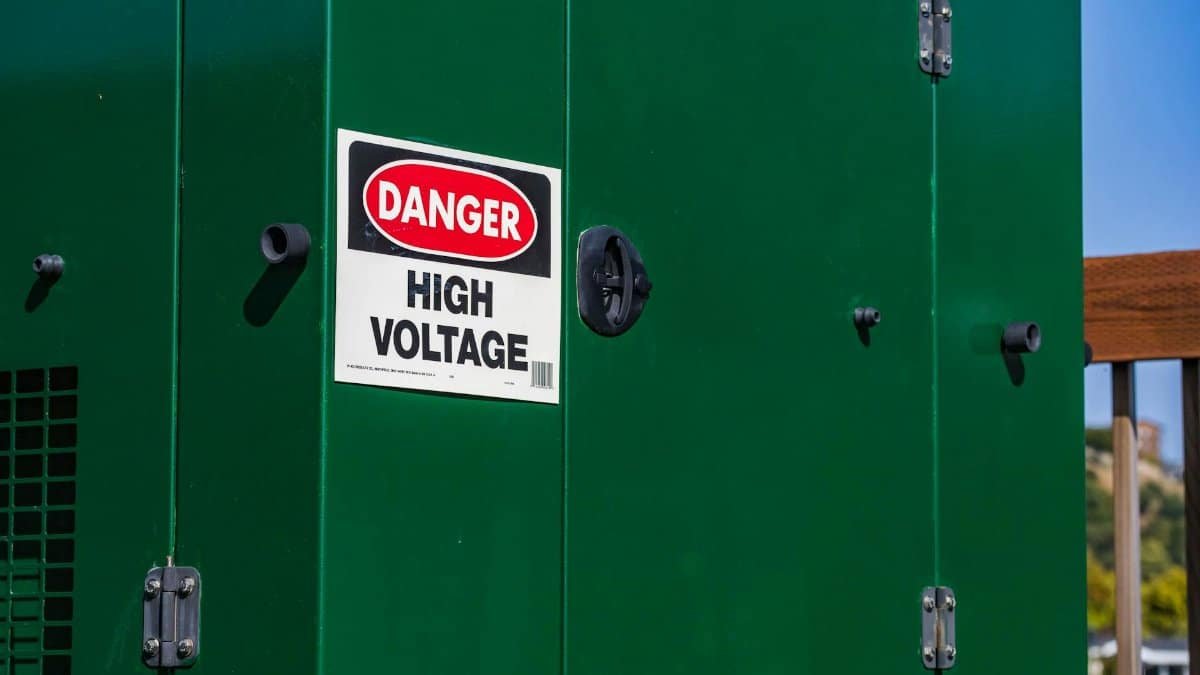 Green electrical box with warning 'Danger High Voltage' sign under clear sky.