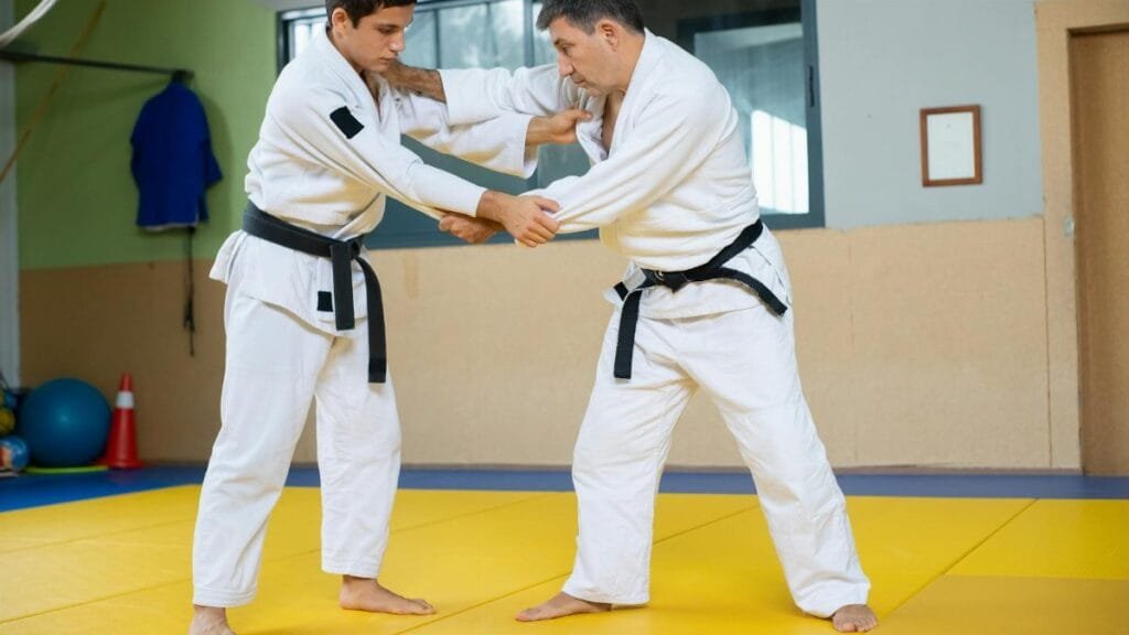 Two men engaged in a judo training session on a mat indoors. Strength and technique in action.