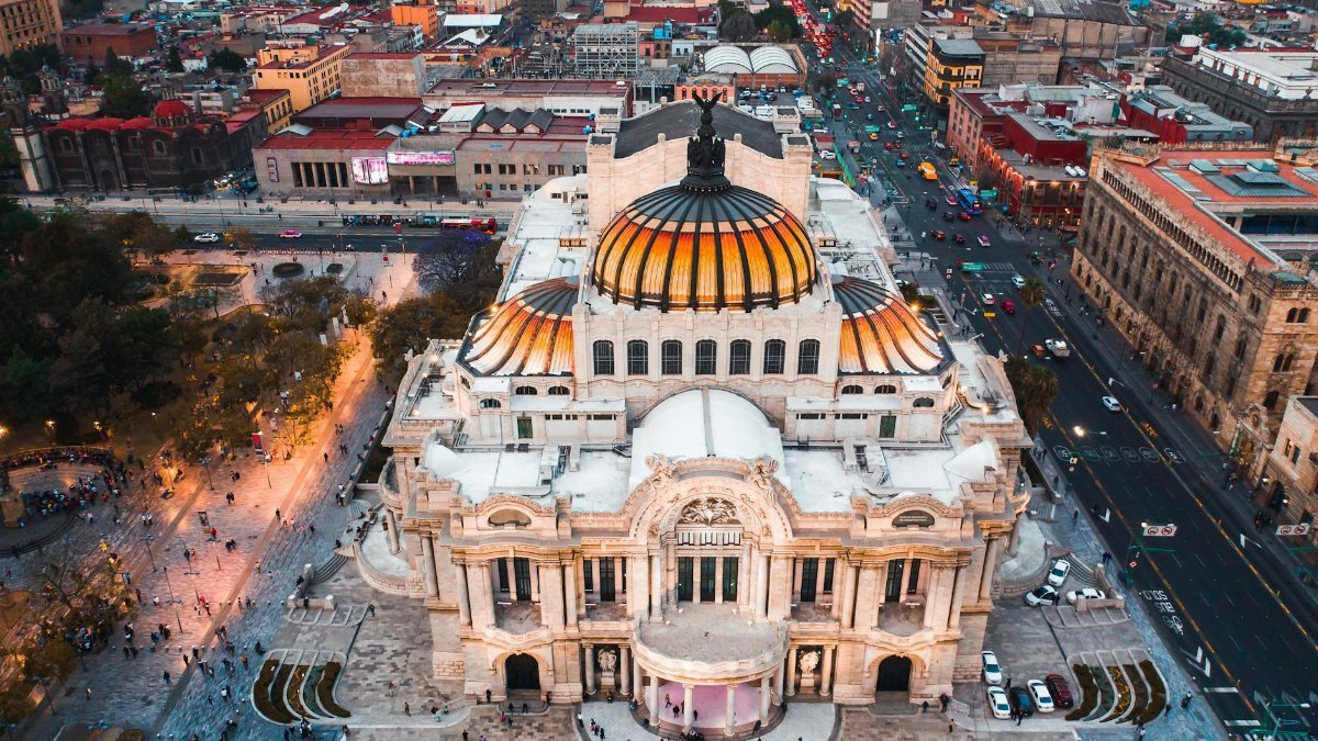 Stunning aerial shot of Palacio de Bellas Artes in Mexico City, showcasing its iconic architecture.