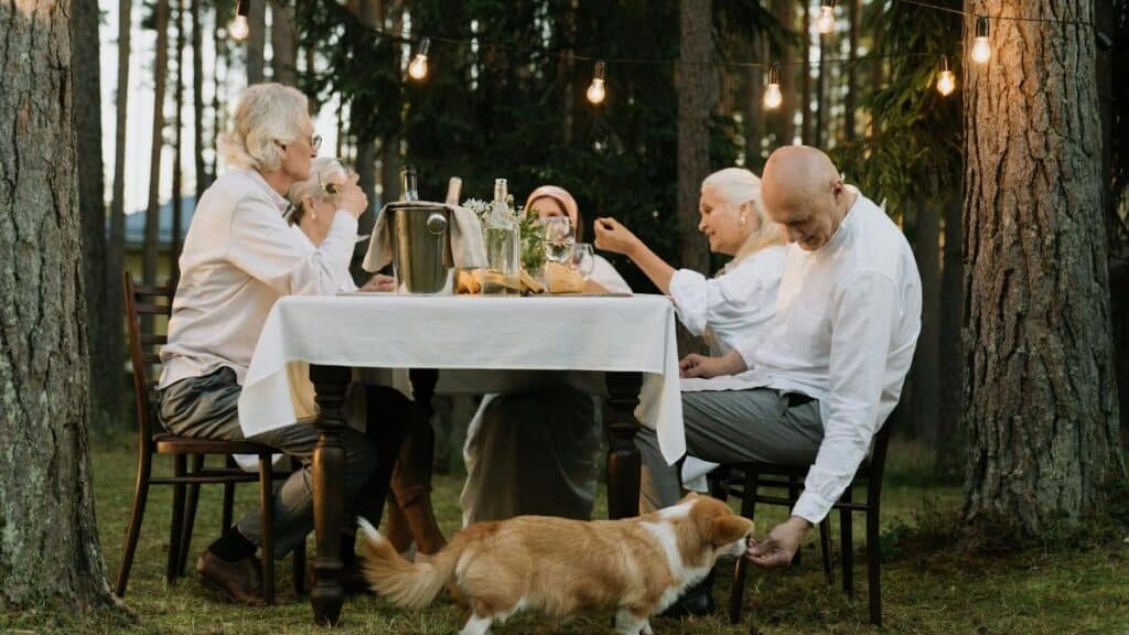 Seniors enjoying an outdoor dinner with a corgi under string lights in a forest setting.