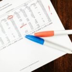 Top view of financial document with red marks and pens on wooden table surface.