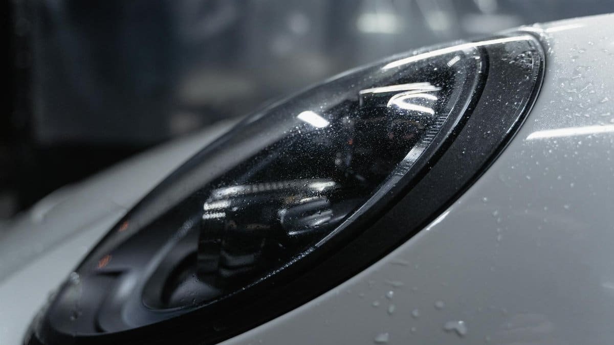 Detailed shot of a sleek car headlight with water droplets enhancing its glossy surface.