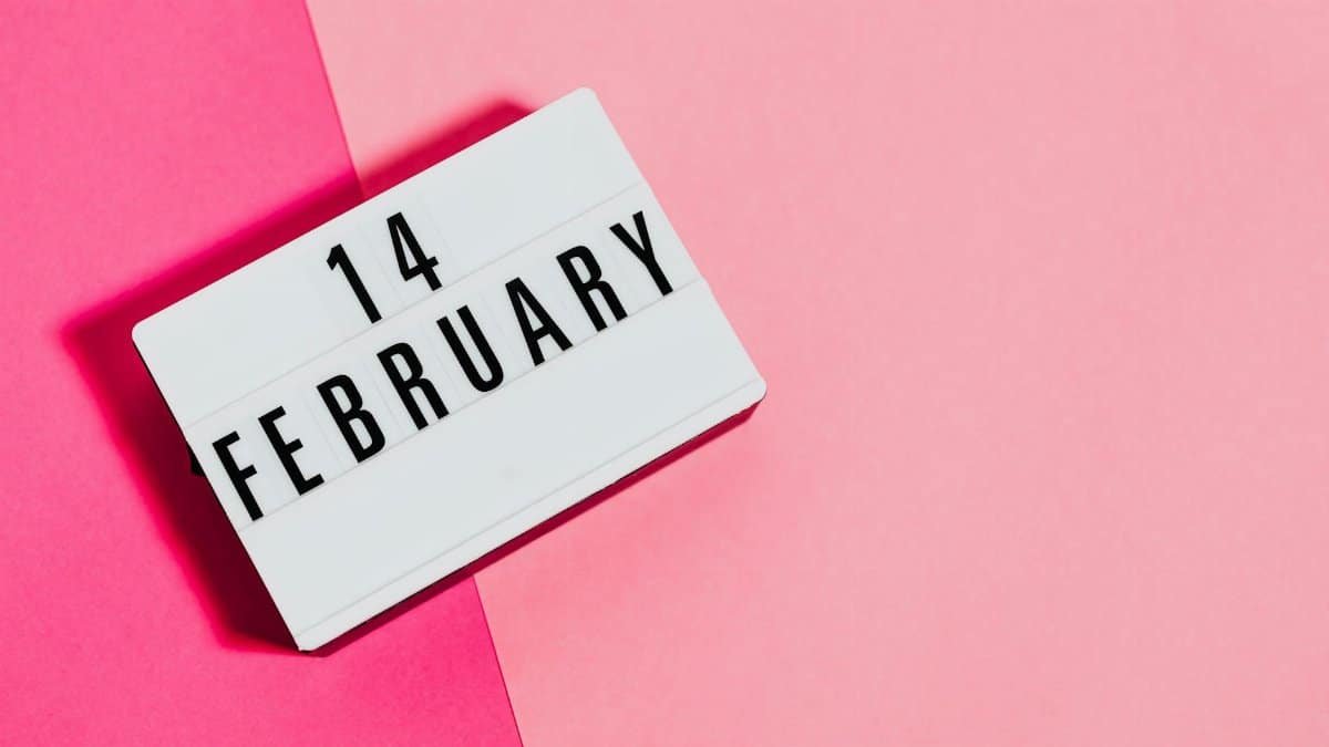 Lightbox displaying '14 February' on a vibrant pink background symbolizes Valentine's Day.
